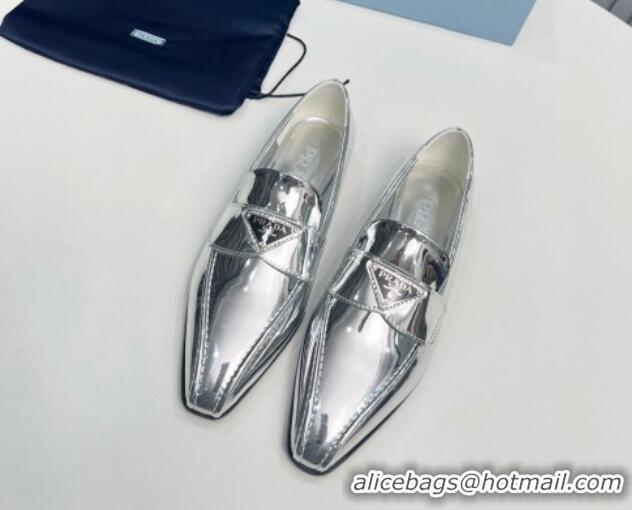 Top Grade Prada Patent Leather Pointed Loafers Silver 821102