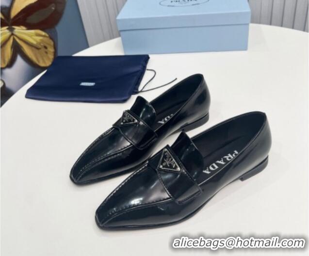 Popular Style Prada Patent Leather Pointed Loafers Black 821105