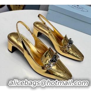 Big Discount Prada Patent Leather Slingback Pumps with Logo Chain Gold 821106