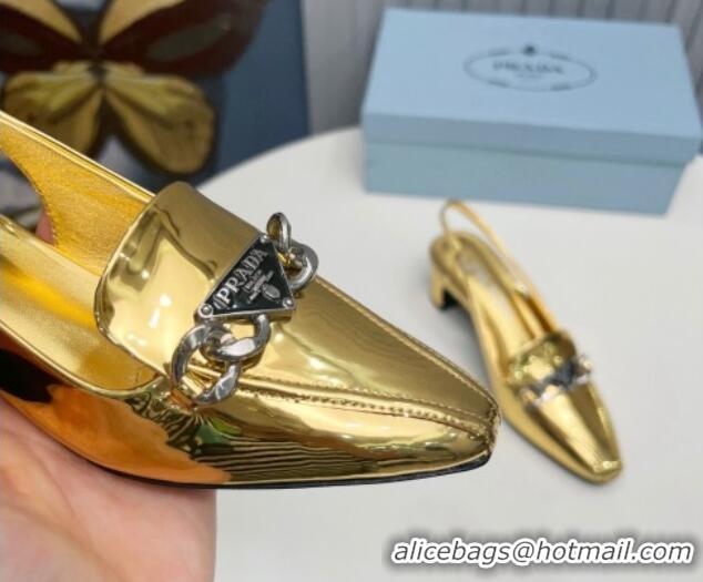 Big Discount Prada Patent Leather Slingback Pumps with Logo Chain Gold 821106