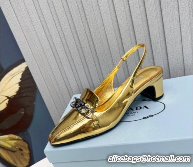 Big Discount Prada Patent Leather Slingback Pumps with Logo Chain Gold 821106