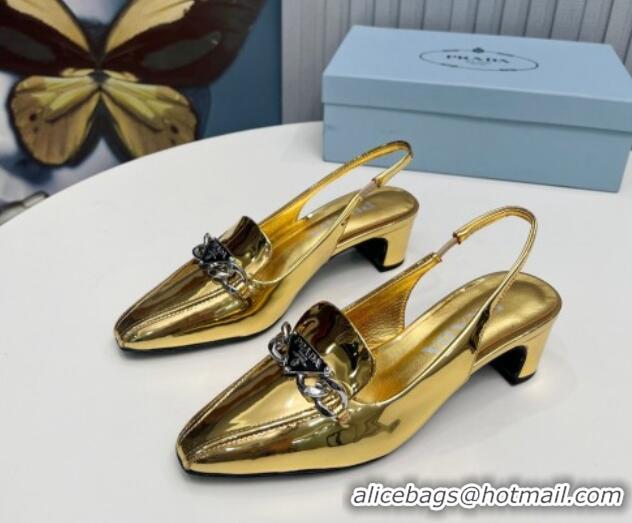 Big Discount Prada Patent Leather Slingback Pumps with Logo Chain Gold 821106