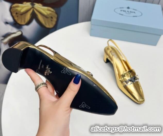 Big Discount Prada Patent Leather Slingback Pumps with Logo Chain Gold 821106