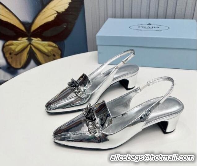 Good Product Prada Patent Leather Slingback Pumps with Logo Chain Silver 821107