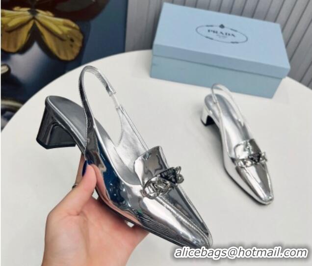 Good Product Prada Patent Leather Slingback Pumps with Logo Chain Silver 821107