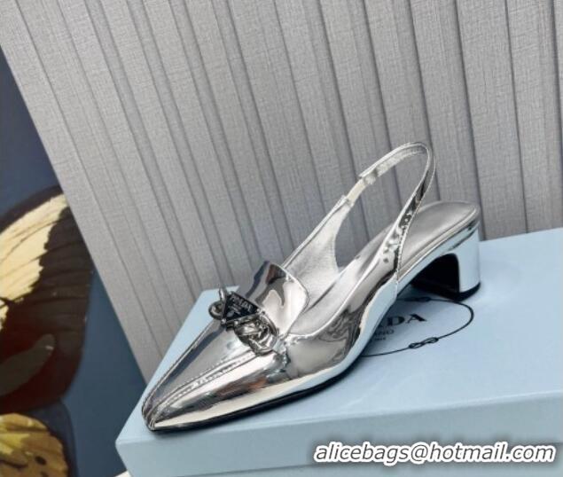 Good Product Prada Patent Leather Slingback Pumps with Logo Chain Silver 821107