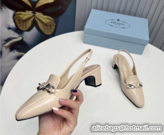 Luxurious Prada Patent Leather Slingback Pumps with Logo Chain Nude 821108