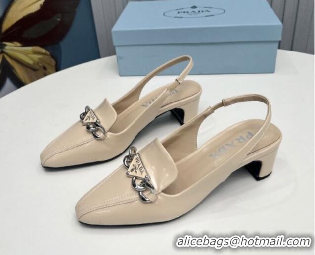 Luxurious Prada Patent Leather Slingback Pumps with Logo Chain Nude 821108