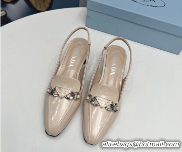 Luxurious Prada Patent Leather Slingback Pumps with Logo Chain Nude 821108