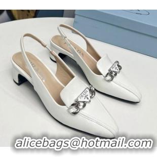 Top Design Prada Patent Leather Slingback Pumps with Logo Chain White 821109