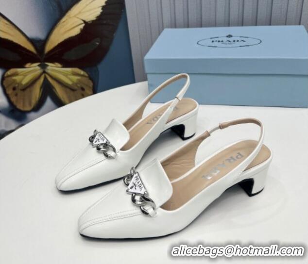 Top Design Prada Patent Leather Slingback Pumps with Logo Chain White 821109