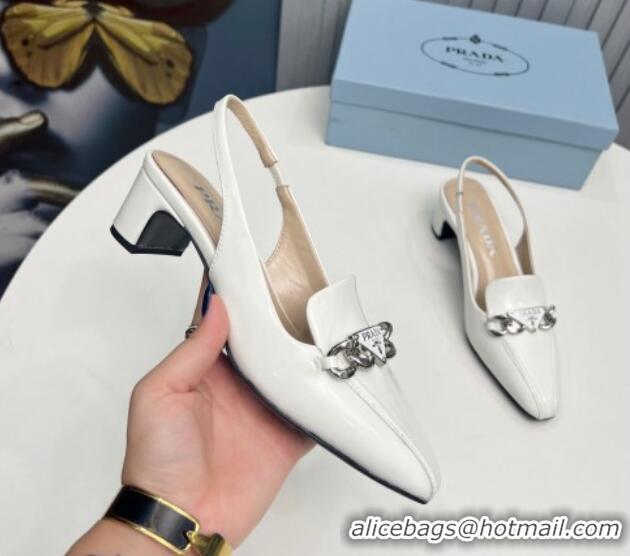 Top Design Prada Patent Leather Slingback Pumps with Logo Chain White 821109