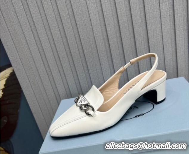 Top Design Prada Patent Leather Slingback Pumps with Logo Chain White 821109