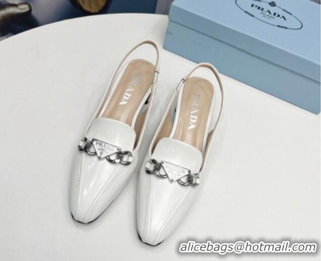 Top Design Prada Patent Leather Slingback Pumps with Logo Chain White 821109