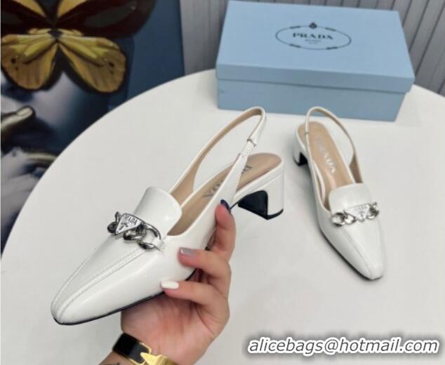 Top Design Prada Patent Leather Slingback Pumps with Logo Chain White 821109