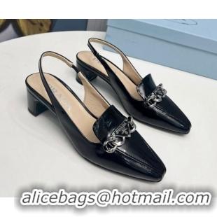 Durable Prada Patent Leather Slingback Pumps with Logo Chain Black 821110