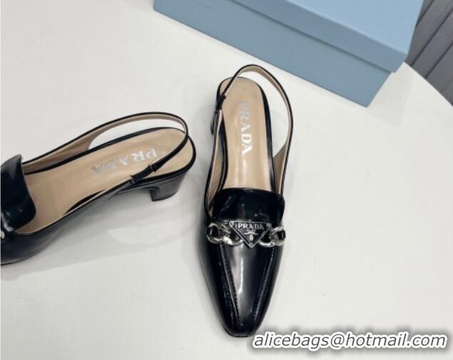 Durable Prada Patent Leather Slingback Pumps with Logo Chain Black 821110