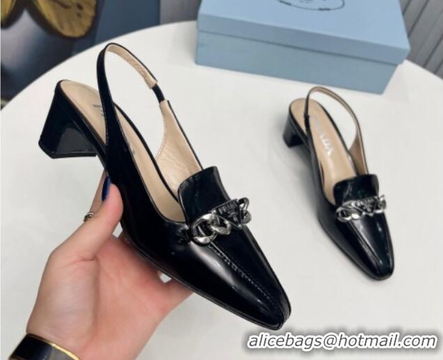 Durable Prada Patent Leather Slingback Pumps with Logo Chain Black 821110