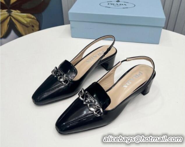 Durable Prada Patent Leather Slingback Pumps with Logo Chain Black 821110