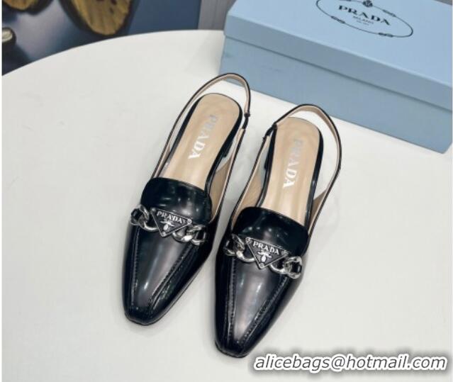 Durable Prada Patent Leather Slingback Pumps with Logo Chain Black 821110