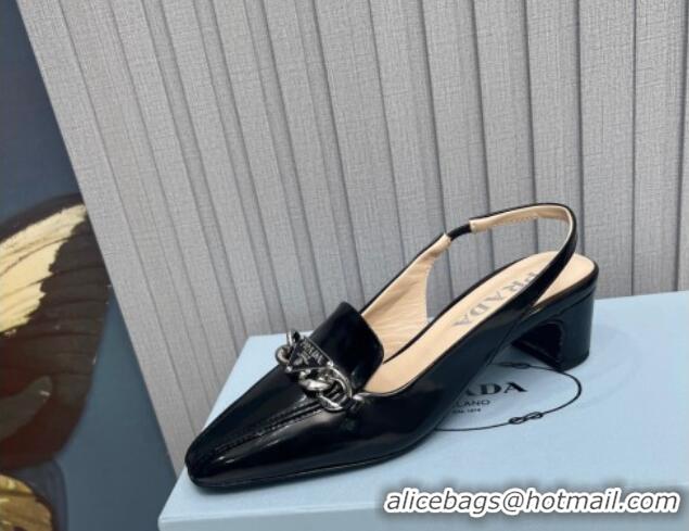 Durable Prada Patent Leather Slingback Pumps with Logo Chain Black 821110