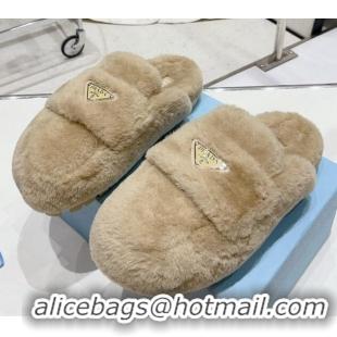 Good Quality Prada Wool Fur Flat Mules Beige 831001