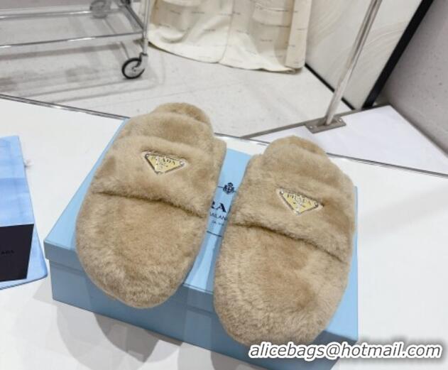 Good Quality Prada Wool Fur Flat Mules Beige 831001