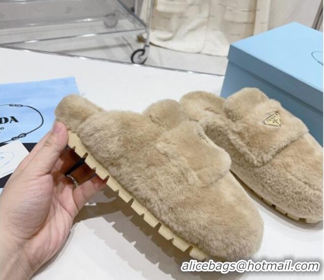 Good Quality Prada Wool Fur Flat Mules Beige 831001