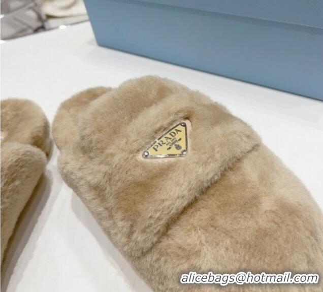 Good Quality Prada Wool Fur Flat Mules Beige 831001