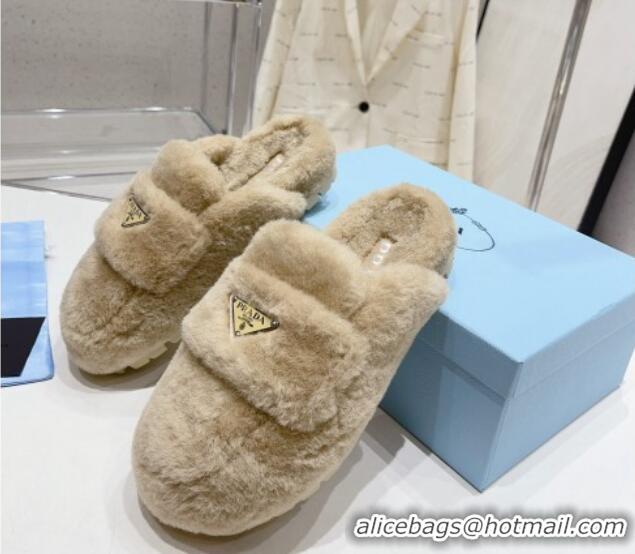 Good Quality Prada Wool Fur Flat Mules Beige 831001