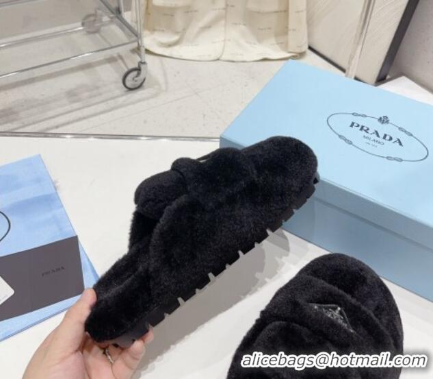 Top Grade Prada Wool Fur Flat Mules Black 831002 