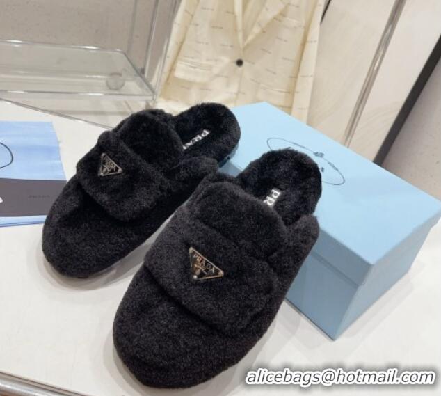 Top Grade Prada Wool Fur Flat Mules Black 831002 