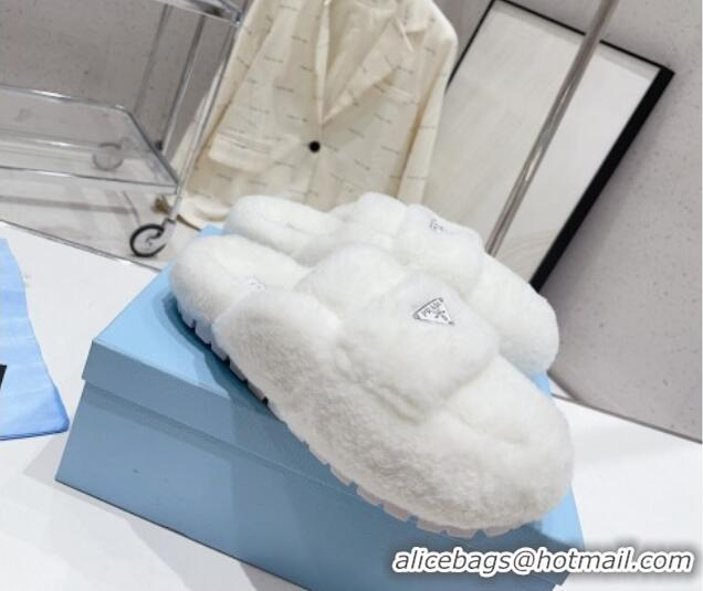 Good Looking Prada Wool Fur Flat Mules White 831003