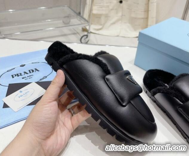 Lower Price Prada Leather and Wool Flat Mules Black 831004