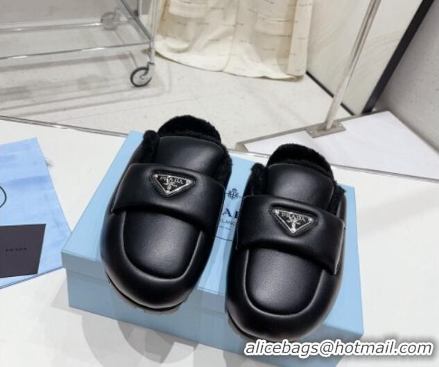 Lower Price Prada Leather and Wool Flat Mules Black 831004