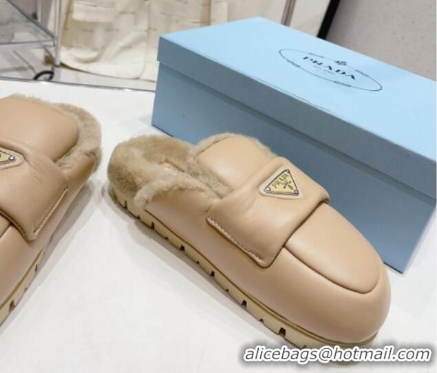 Unique Style Prada Leather and Wool Flat Mules Beige 831006