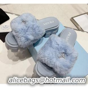 Luxury Prada Wool Platform Mules Light Blue 831008