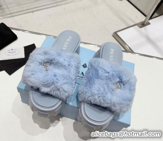 Luxury Prada Wool Platform Mules Light Blue 831008