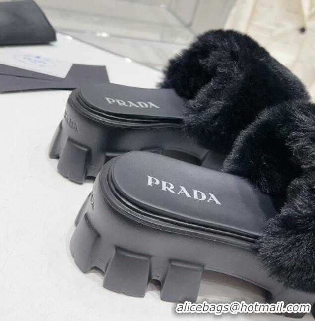 Popular Style Prada Wool Platform Mules Black 831010