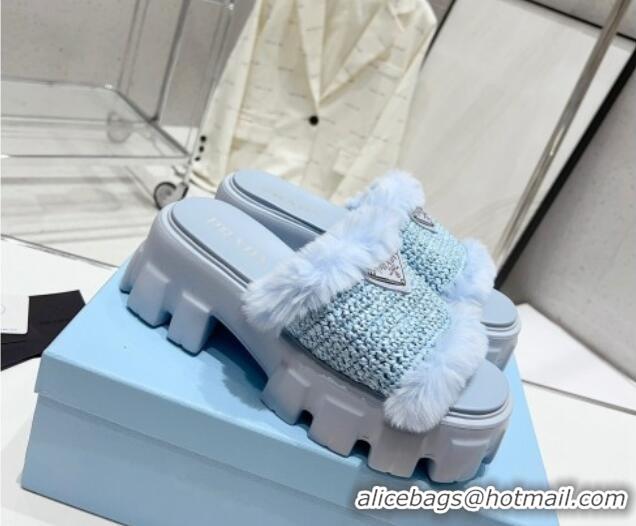 Good Quality Prada Crochet and Wool Platform Slide Sandals Light Blue 831015