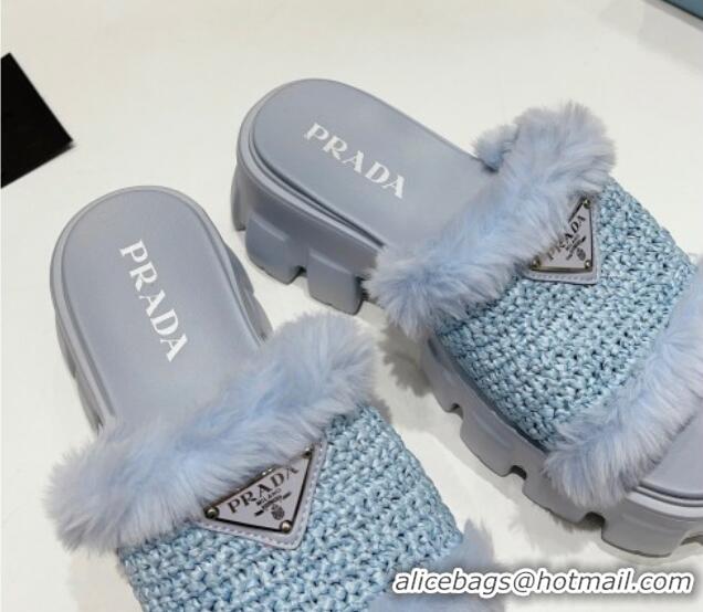 Good Quality Prada Crochet and Wool Platform Slide Sandals Light Blue 831015