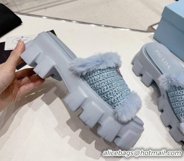 Good Quality Prada Crochet and Wool Platform Slide Sandals Light Blue 831015