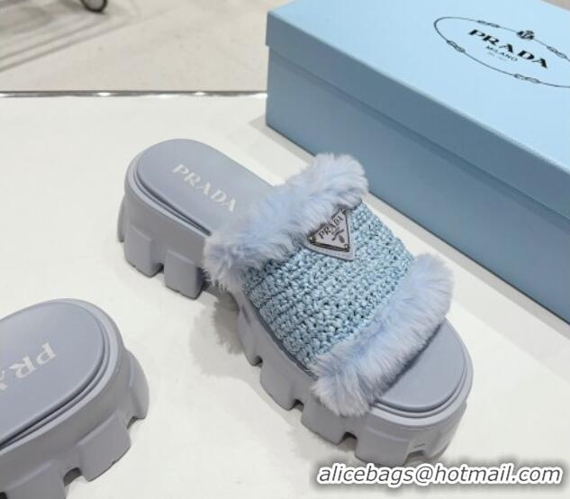 Good Quality Prada Crochet and Wool Platform Slide Sandals Light Blue 831015