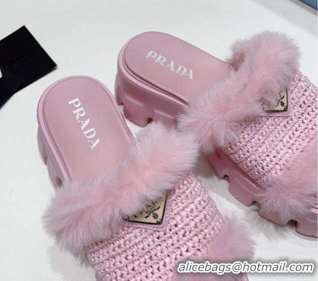 Best Product Prada Crochet and Wool Platform Slide Sandals Pink 831016