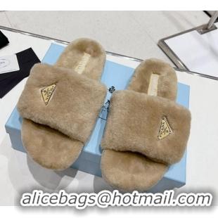 Best Price Prada Wool Flat Slide Sandals Beige 831018