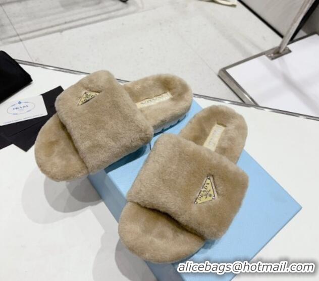 Best Price Prada Wool Flat Slide Sandals Beige 831018