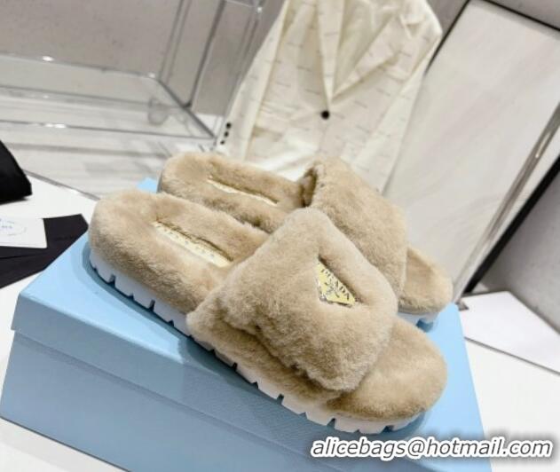 Best Price Prada Wool Flat Slide Sandals Beige 831018