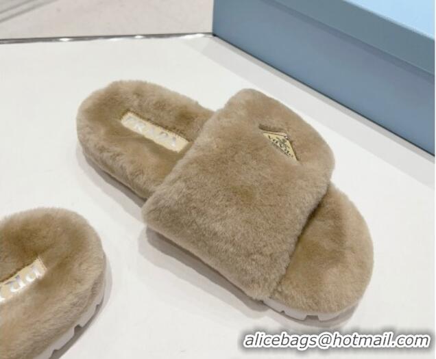 Best Price Prada Wool Flat Slide Sandals Beige 831018