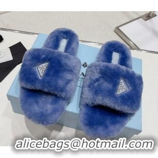 Best Grade Prada Wool Flat Slide Sandals Blue 831019