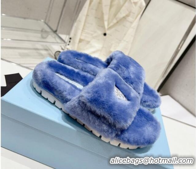 Best Grade Prada Wool Flat Slide Sandals Blue 831019